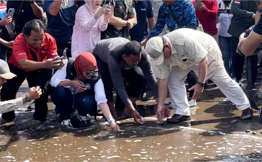 Susi dan Prabowo Ikut Melepasliarkan Ratusan Tukik Penyu Lekang di Pangandaran