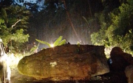 Jalur Sempor Kebumen - Banjarnegara Lumpuh Total Akibat Batu Besar Longsor Menutup Jalan