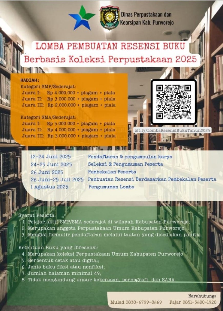 Dinas Perpustakaan Purworejo Gelar Lomba Resensi Buku, Hadiah Puluhan Juta untuk Pelajar
